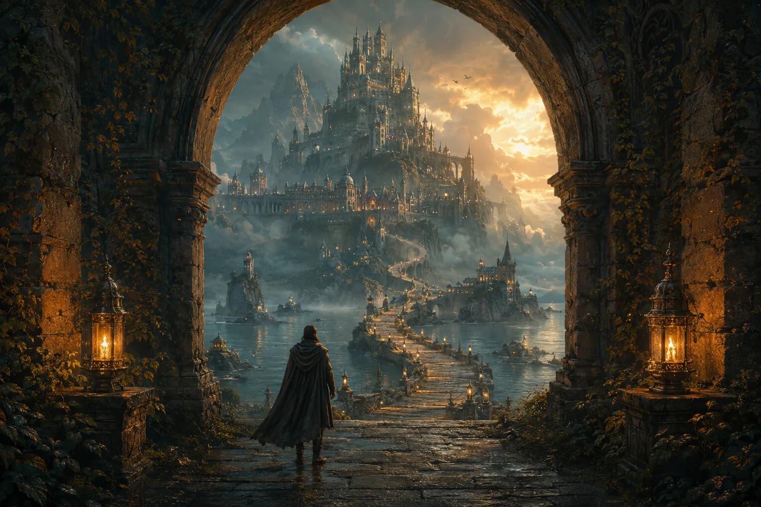 A traveler beneath a lantern-lit archway looks toward a castle across a misty lake.