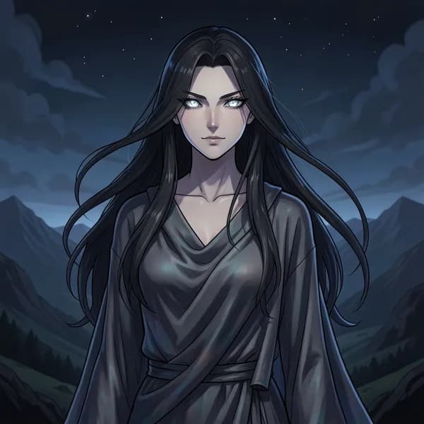 A mysterious female deity with silver-coin eyes watches from the shadows of the horizon.