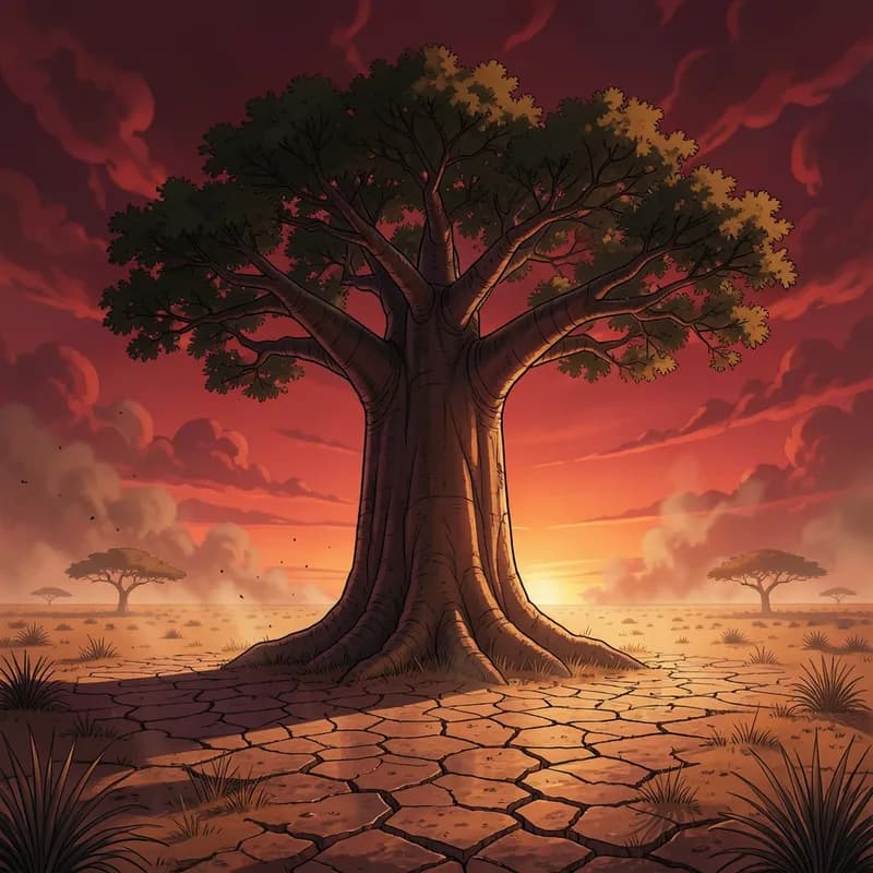 Sacred Baobab Tree African Mythology interactive story — atmospheric illustration
