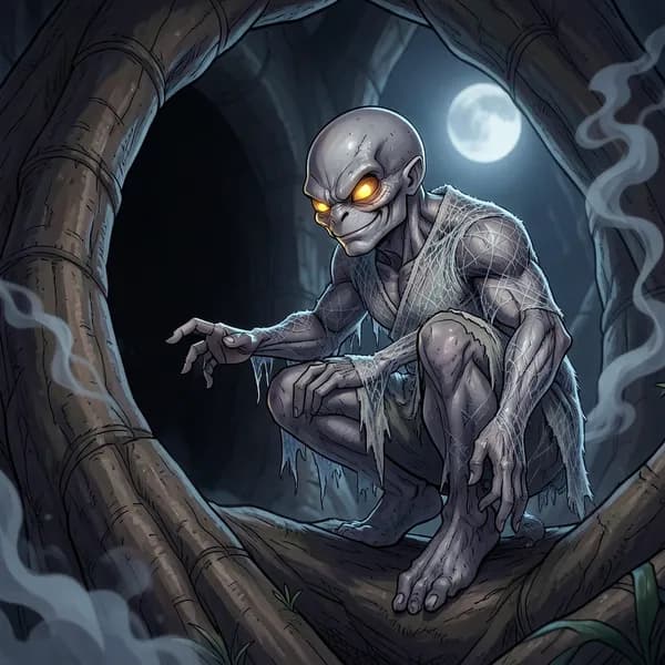 A sly spider-spirit with amber eyes crouches on a gnarled baobab root, gesturing toward the hollow tree trunk.