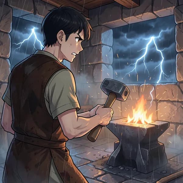 A blacksmith with trembling hands stands before an anvil in a storm-swept forge.