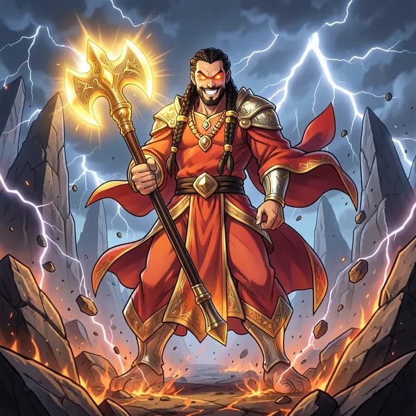 A divine, imposing figure with glowing eyes holds a double-headed axe on a crumbling mountain.