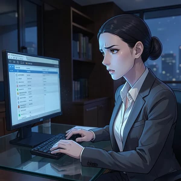 A young woman at a desk in a dark office, illuminated by the blue light of a computer screen.