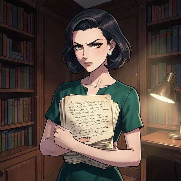 A young female scholar in a 1920s silk dress standing in a library, holding a manuscript with a defiant expression.