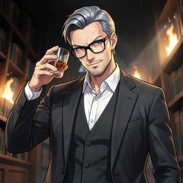 An older, distinguished academic in a library holding a glass of brandy, looking intense and contemplative.