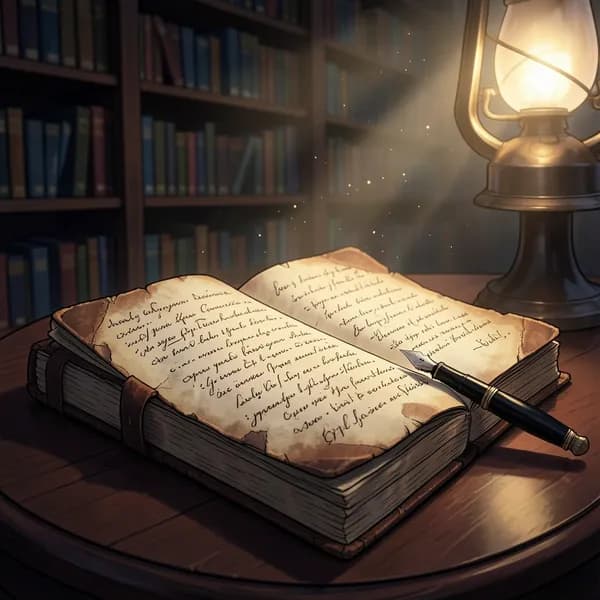 An open 17th-century ledger on a mahogany desk, illuminated by a warm, flickering lantern in a dark library.