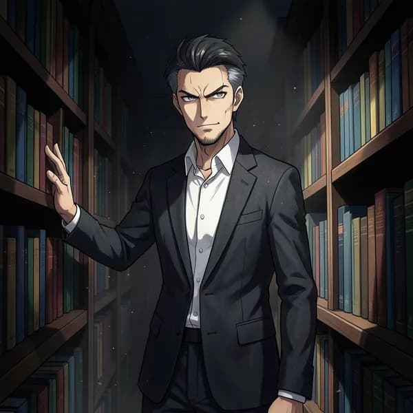 A man in a charcoal suit standing in the shadows of a library aisle, looking intense and authoritative.
