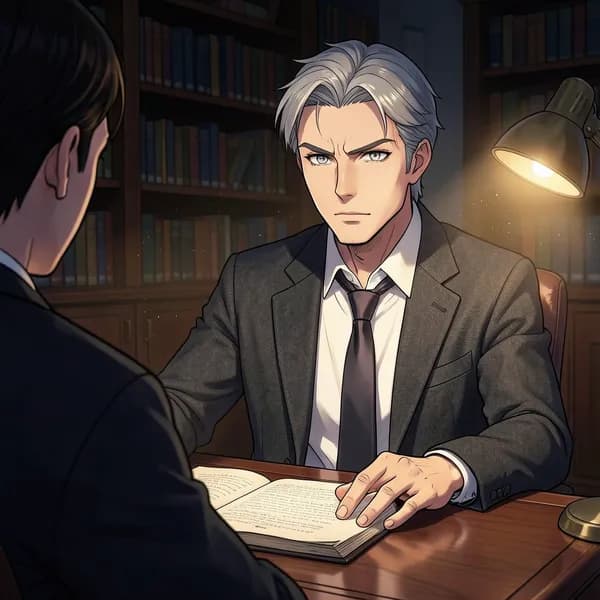 A middle-aged male professor with a loosened tie looking intensely across his mahogany desk in a dim office.