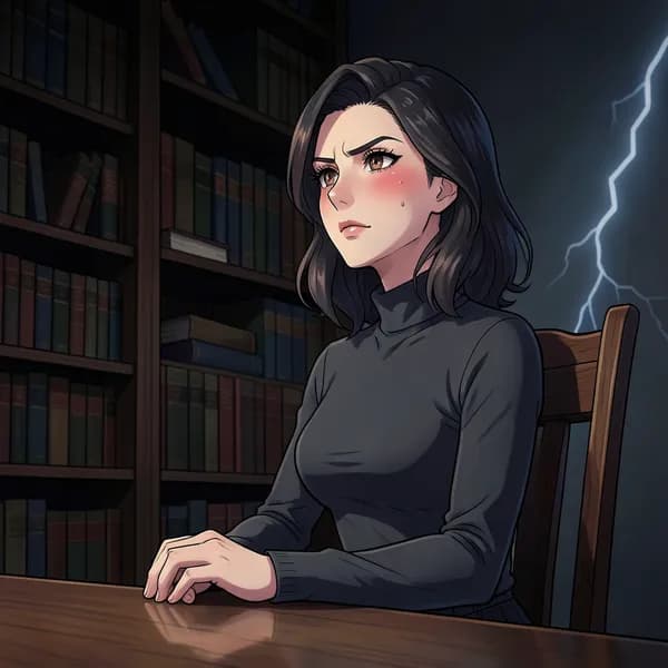 A young female doctoral student sitting in a dark office, looking across the desk with a determined expression.