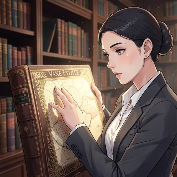 A young female archivist with dark hair in a professional blouse touches an old leather book.