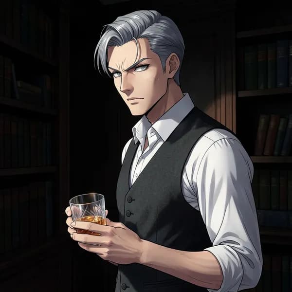 A mature, silver-haired man in a tailored vest holds a crystal glass in a dim library.