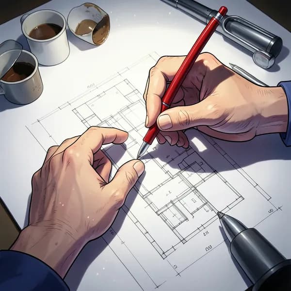 A close-up of mature, steady hands with a red pen hovering over complex architectural blueprints on a drafting table.