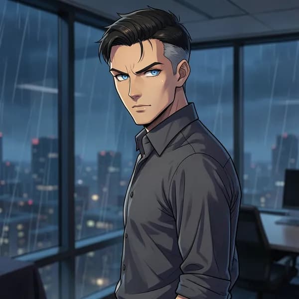 A man in a charcoal dress shirt looking over his shoulder with an intense, scrutinizing gaze.