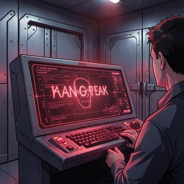 A high-tech security console flashing a hostile crimson warning in a dimly lit, reinforced room.