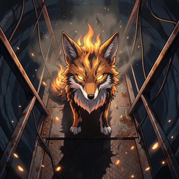 A fiery, fox-like creature with fur made of shifting flames and jagged shadows, standing on a rusted metal catwalk.