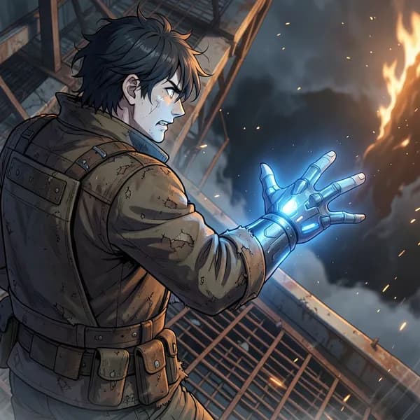 A young male scavenger reaching out with a glowing blue gauntlet towards a creature of fire.