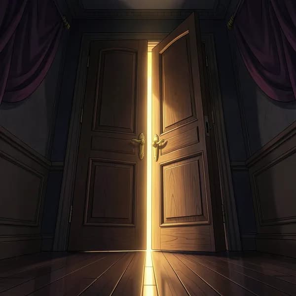 A heavy, ornate oak door standing slightly ajar in a dark, prestigious hallway, casting a long, intimidating shadow.