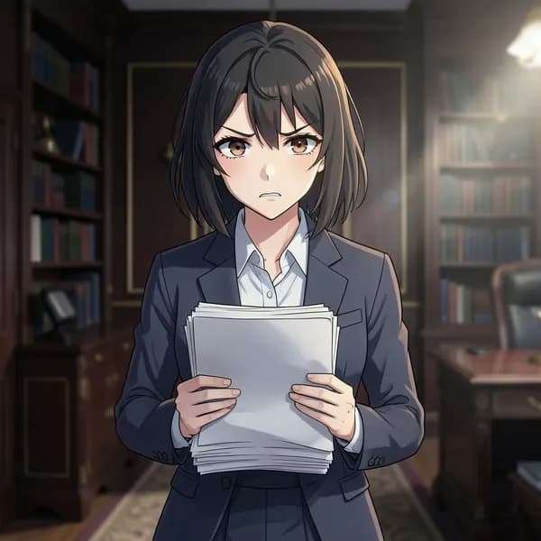 A young woman in a modest school uniform looking up with a defiant, nervous expression.