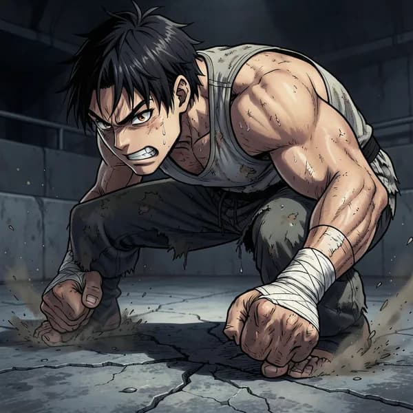A determined underdog in a low martial arts stance with bandaged, bruised knuckles.