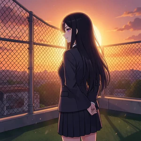 A female student standing at the edge of a rooftop during sunset, looking out at the horizon.