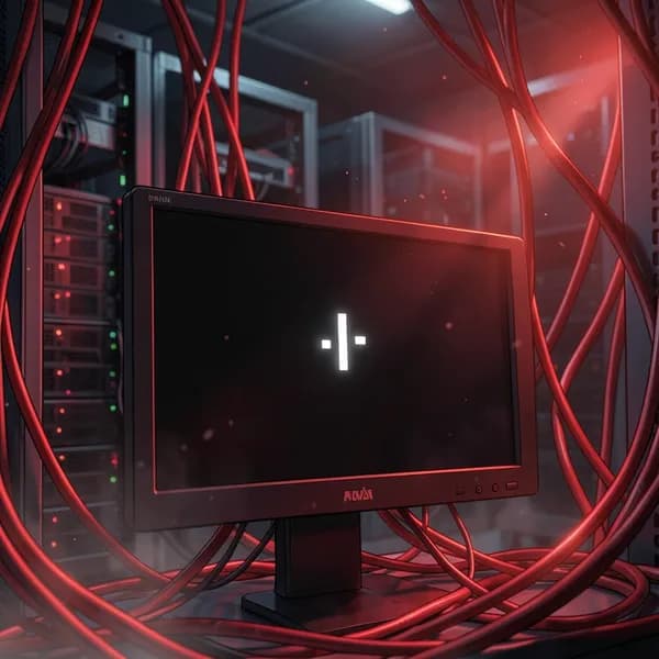 A close-up of a server rack monitor displaying a single, rhythmic, blinking white cursor on a black screen, surrounded by chaotic, tangled glowing red cables.