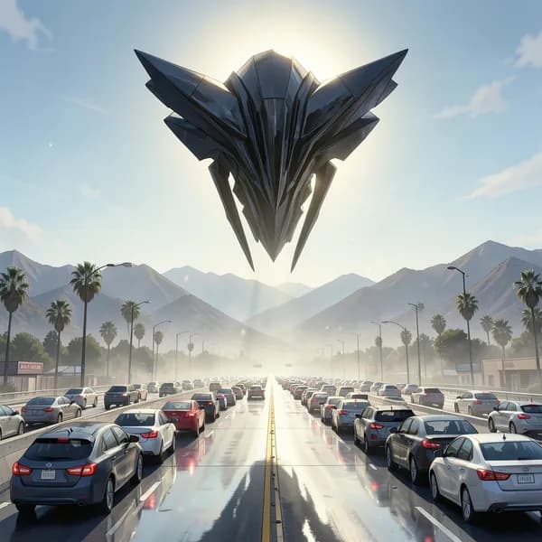 A massive obsidian alien ship looms over the Santa Monica mountains, casting a dark shadow over the 405 freeway.