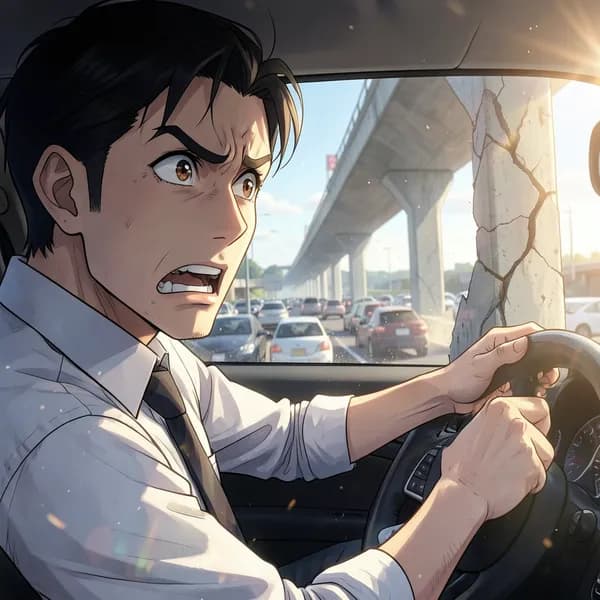 A man in a dress shirt grips his steering wheel in terror as he looks at a failing concrete bridge support.