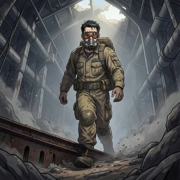 A lone survivor in a weathered industrial jumpsuit walks through a ruined, ash-covered factory complex.