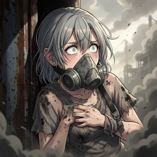 A survivor with a broken respirator mask gasps for air against a rusted metal wall in a storm.
