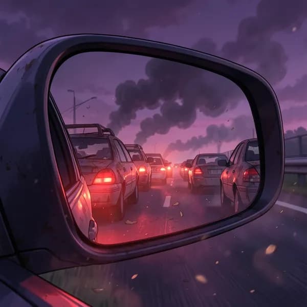 A sea of stalled cars on a highway at dusk, glowing with red taillights under a smoke-filled sky.