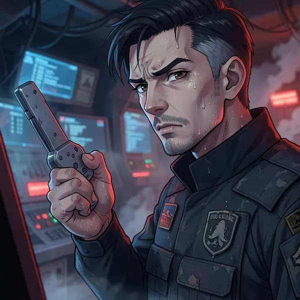 A middle-aged military commander holding a physical override key, looking stressed and guilt-ridden.