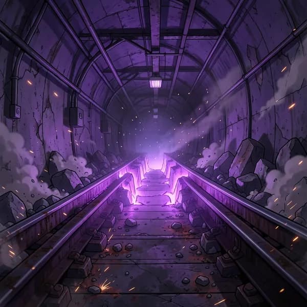 A jagged fissure erupts in the subway floor, glowing with a sickening violet light as concrete debris floats in the air.