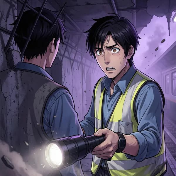 A weary civil engineer holding a heavy-duty flashlight, looking on with a regretful and terrified expression.