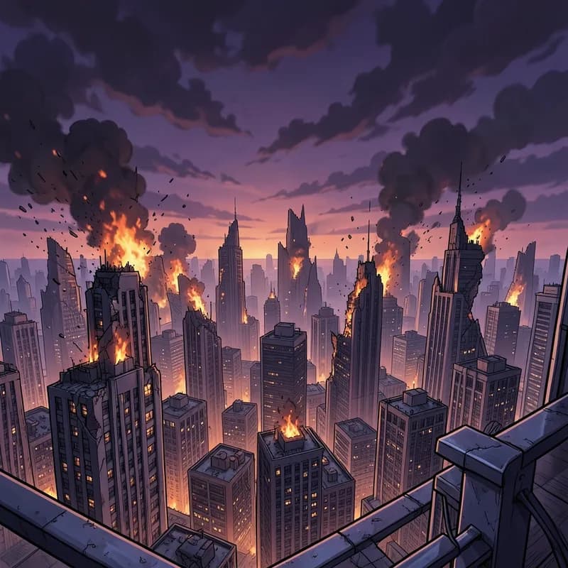 Rooftop Overlooking Destruction Apocalyptic interactive story — atmospheric illustration