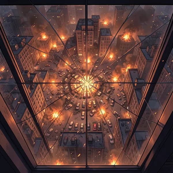 A view from a high skyscraper looking down at a city gridlocked by fire and chaos.