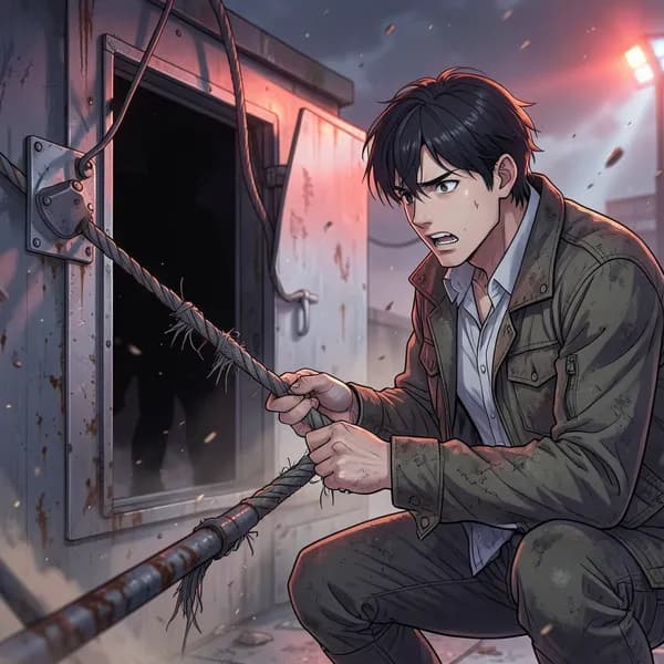 A man looking at a frayed maintenance cable on a rooftop while a dark shadow emerges from a hatch.