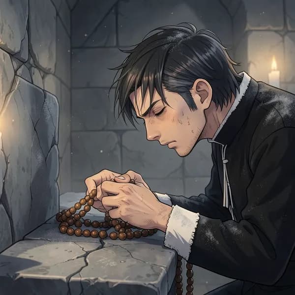A priest kneels in prayer at a cracked stone altar, his hands gripping rosary beads tightly in a crumbling church.