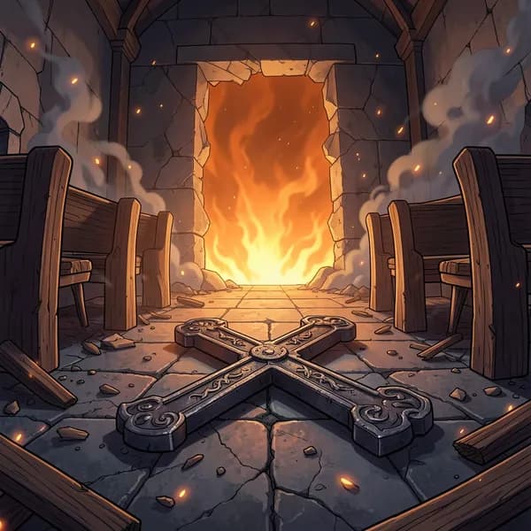 A heavy iron crucifix lies face down on a shattered stone floor, illuminated by a glowing abyss outside.