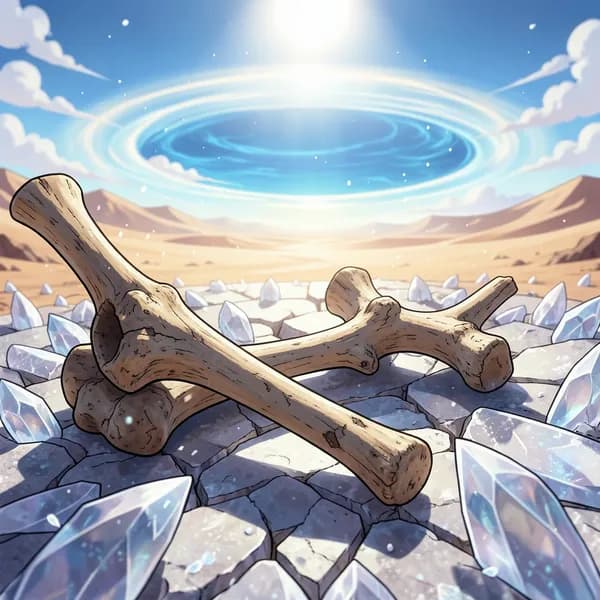 Sun-bleached bones resting on a bed of jagged, crystalline salt crust in a desolate desert landscape.
