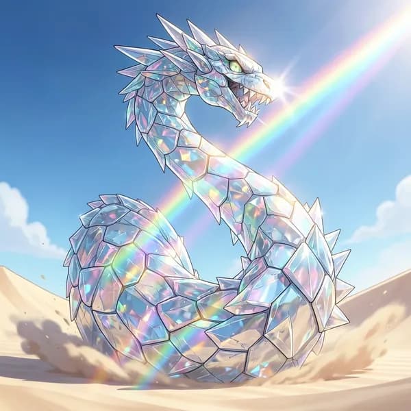 A massive, translucent glass serpent coiling upwards, its body composed of razor-sharp shards.