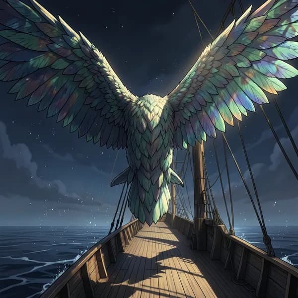 A colossal, feathered wing of a mythical bird blocks out the sun, casting a terrifying shadow over a wooden ship deck.