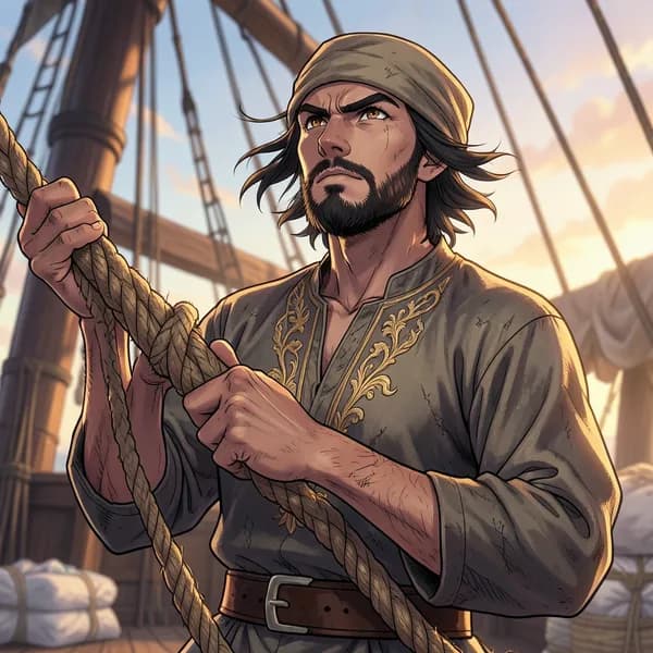 A veteran sailor with a weathered face and silk robes grips a rope, looking upward with a calculated, intense expression.