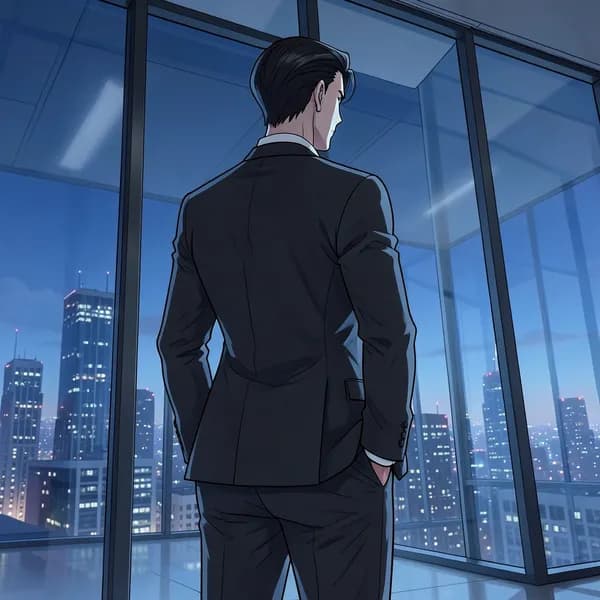 A tall, imposing man in a sharp tailored suit standing with his back to the camera, looking out at the city.