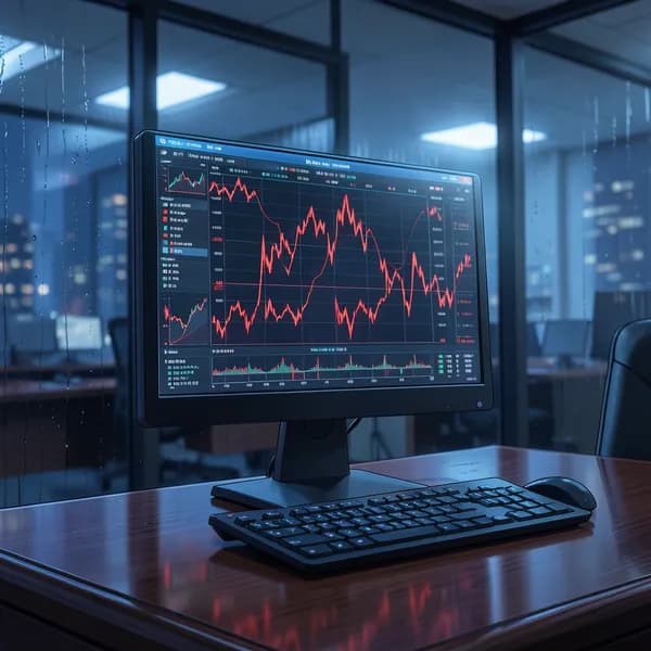A close-up of a computer screen in a dark boardroom displaying chaotic red financial data.