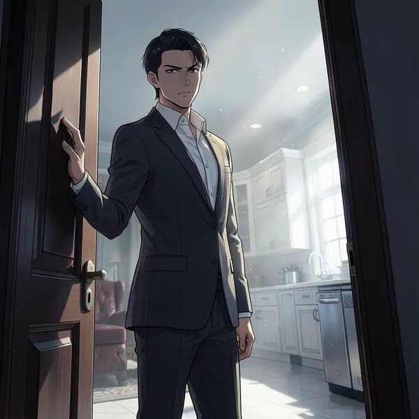 A tall, imposing man in a tailored suit standing in a dark doorway, watching the kitchen.