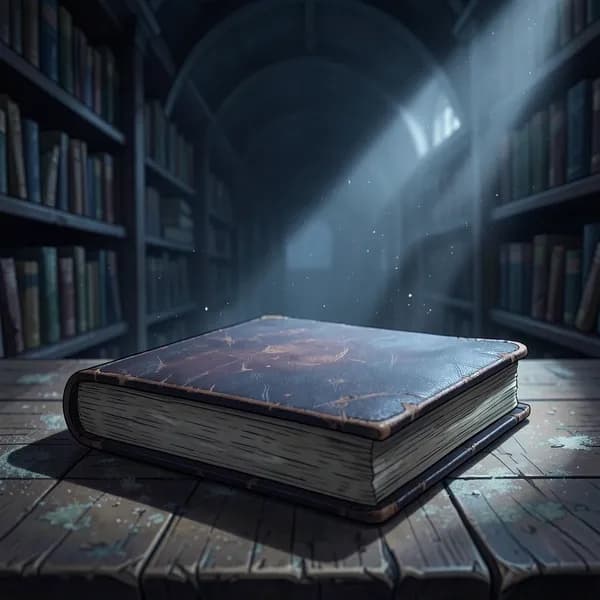 A worn, dark leather-bound ledger rests on a dusty wooden table, illuminated by a sliver of cold moonlight.