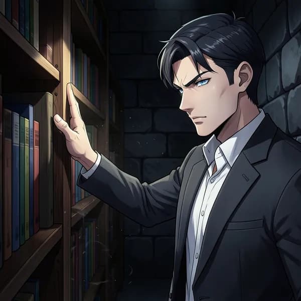A young man in a pristine school uniform presses his hand against a bookshelf, his expression cold and predatory.