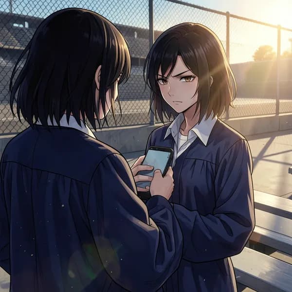 A female student in a graduation robe stands in the shadows of stadium bleachers, looking defiant.