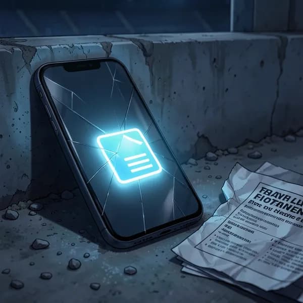 A smartphone screen showing a digital file icon, lying on the dusty ground near a crumpled graduation program.