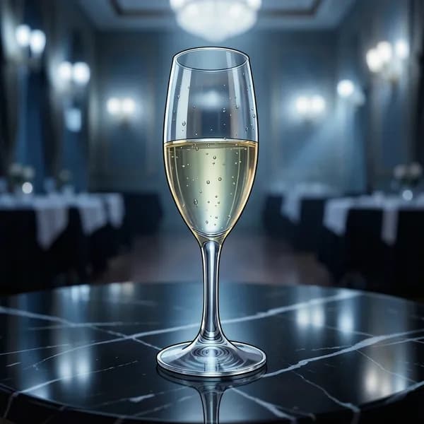 A crystal champagne flute on a dark, reflective marble surface in a cold, clinical ballroom.